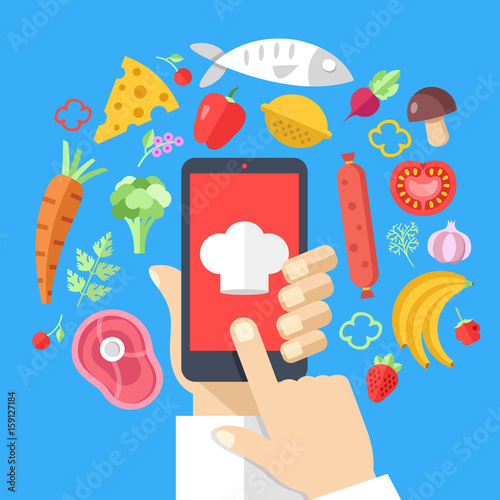 Hand holding smartphone with chef cap on screen and food ingredients around. Cooking concept. Cooking app, online recipes, food delivery, mobile cookbook. Modern flat design vector illustration