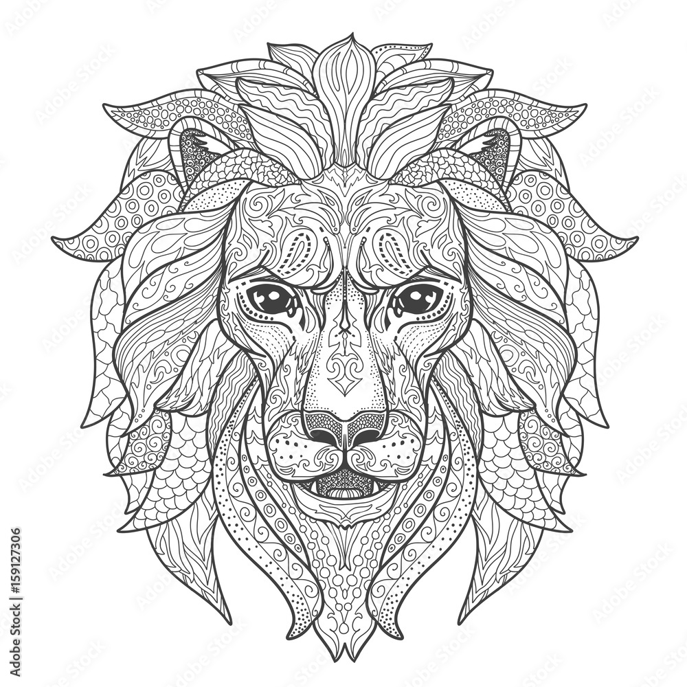 Naklejka premium Głowa lwa dla dorosłych kolorowanka. Czarno-biała sylwetka z ornamentem Bazgroły na białym tle.
