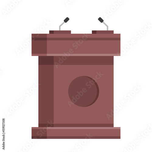 Wooden tribune with microphones. Brown wooden rostrum, podium, stand. Creative flat design. Modern vector illustration