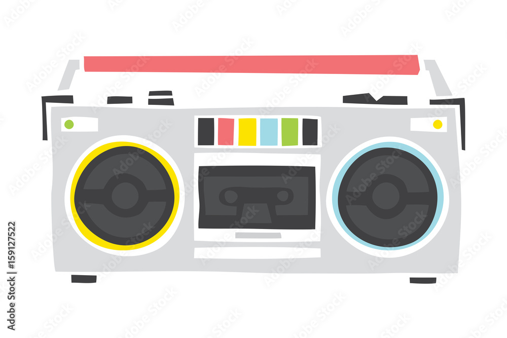Old school cassette player cartoon hand drawn style isolated vector illustration