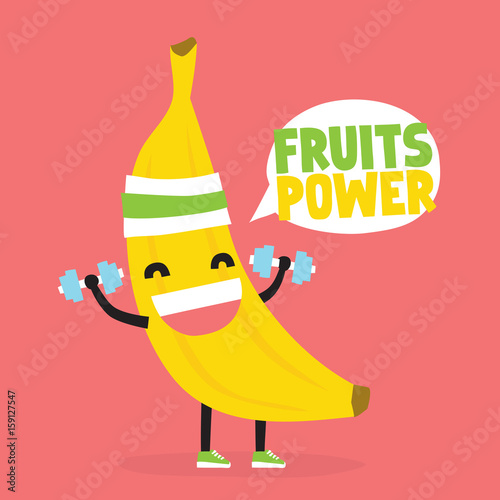 Fruits power. Cute kawaii banana bodybuilder vector illustration