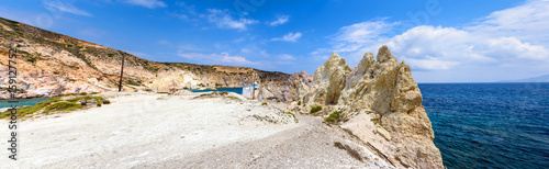 Panoramic view of the Firopotamos Bay with amazing rock formations. Milos, Cyclades Islands, Greece