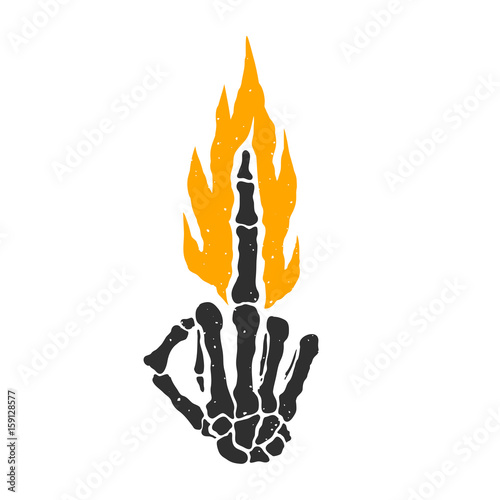 Dead skeleton hand burning middle finger bad sign isolated vector illustration