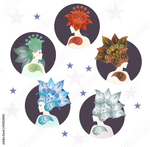 Five fairies, symbolizing the elements of feng shui - metal, water, wood, fire, earth. Vector illustration