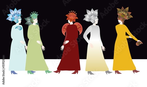 Abstract sketch girl model in floral paisley hats, symbolizing the elements of feng shui - metal, water, wood, fire, earth. Fashion week. Vector illustration.