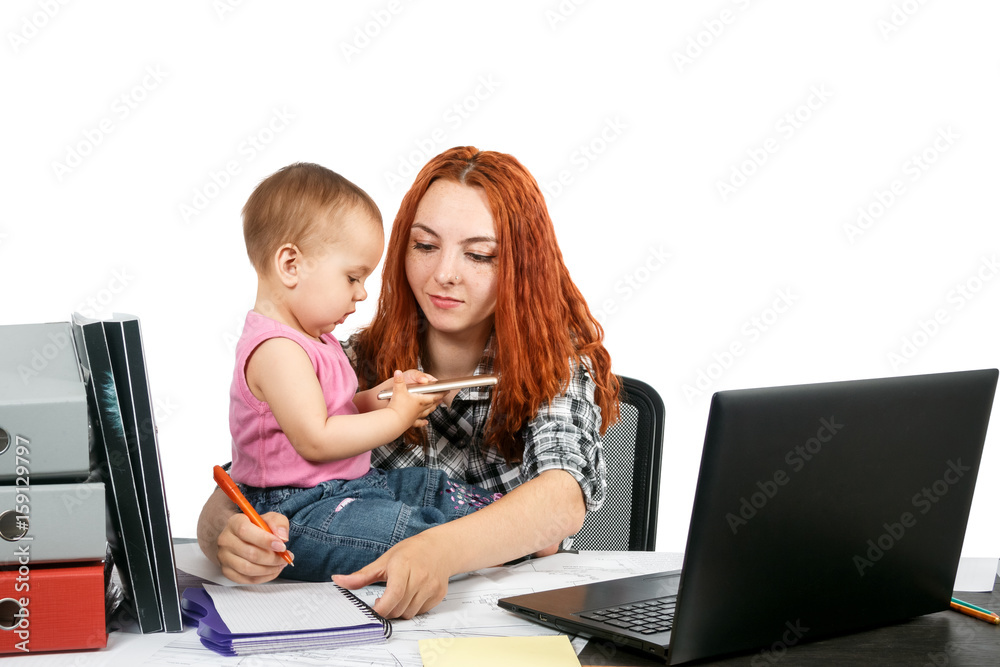 Lovely young working mother and her baby, Work Life Balance Concept, Isolated on White Background Lovely young working mother and her baby, Work Life Balance Concept, Isolated on White Background