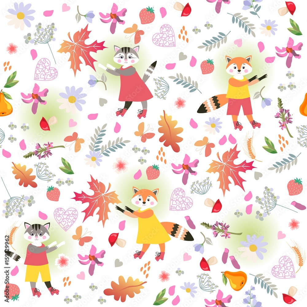 Cute ditsy floral background with little funny kittens and foxes. Picture for pattern.children. Seamless vector
