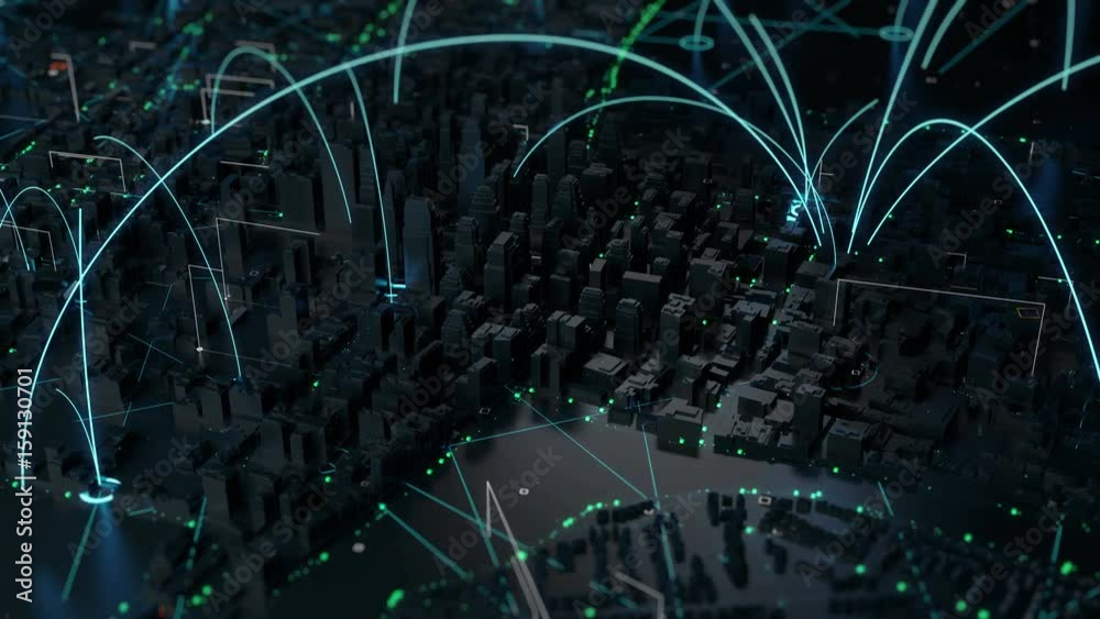 
3d render of digital city. Abstract urban background. Skyscrapers and small towns with wireframe details and tech connection lines. Loopable sequence of panning camera move. Loopable sequence.