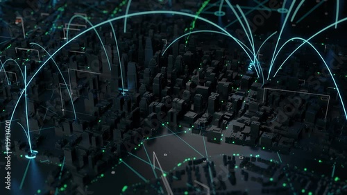 
3d render of digital city. Abstract urban background. Skyscrapers and small towns with wireframe details and tech connection lines. Loopable sequence of panning camera move. Loopable sequence.