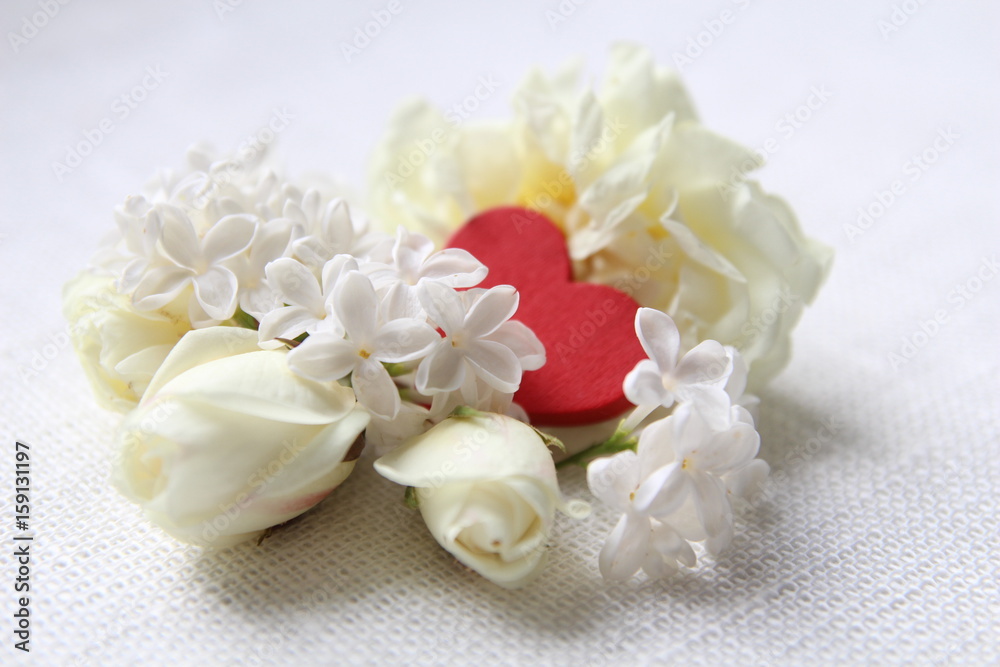 Beautiful white flowers and red hearts on white background. Beautiful white flowers and red hearts on white background.