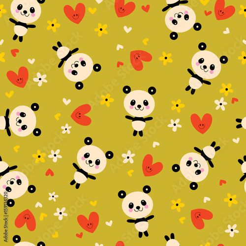 baby panda bears flowers and hearts seamless pattern