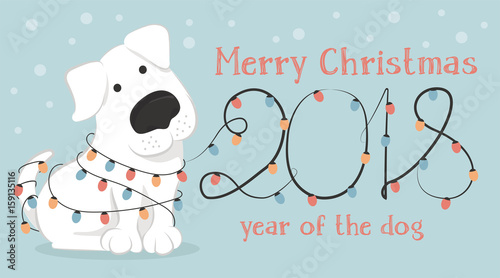 New 2018, a horizontal card. The Chinese year of the yellow dog. Greetings with funny white dog and Christmas lights. Colorful vector illustration in cartoon style. photo