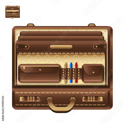Open business briefcase in realistic style vector icon