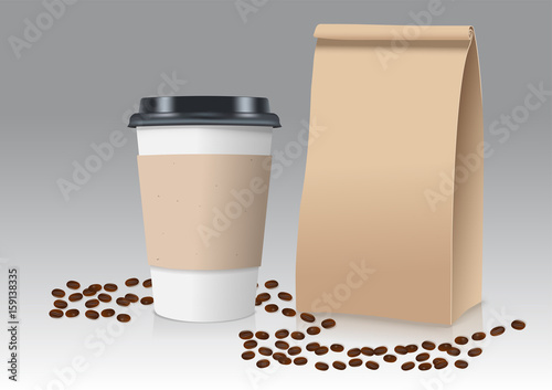 Realistic take away paper coffee cup and brown paper bag with coffee beans. Vector illustration.