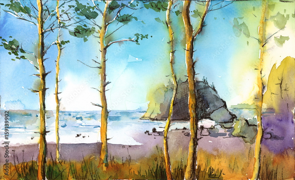 Obraz Akwareli Plażowa Seascape krajobrazu drzew oceanu ręka Malująca ilustracja