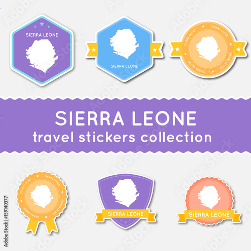 Sierra Leone travel stickers collection. Big set of stickers with country map and name. Flat material style badges vector illustration.
