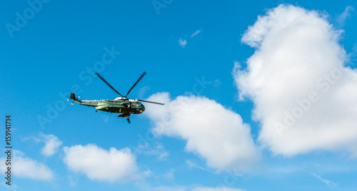 WASHINGTON DC: APRIL 1, 2017: United States Marine One Helicopter Flies Over The Tidal Basin and Potomac River