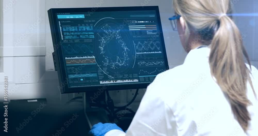 Doctor looking dna molecule on computer