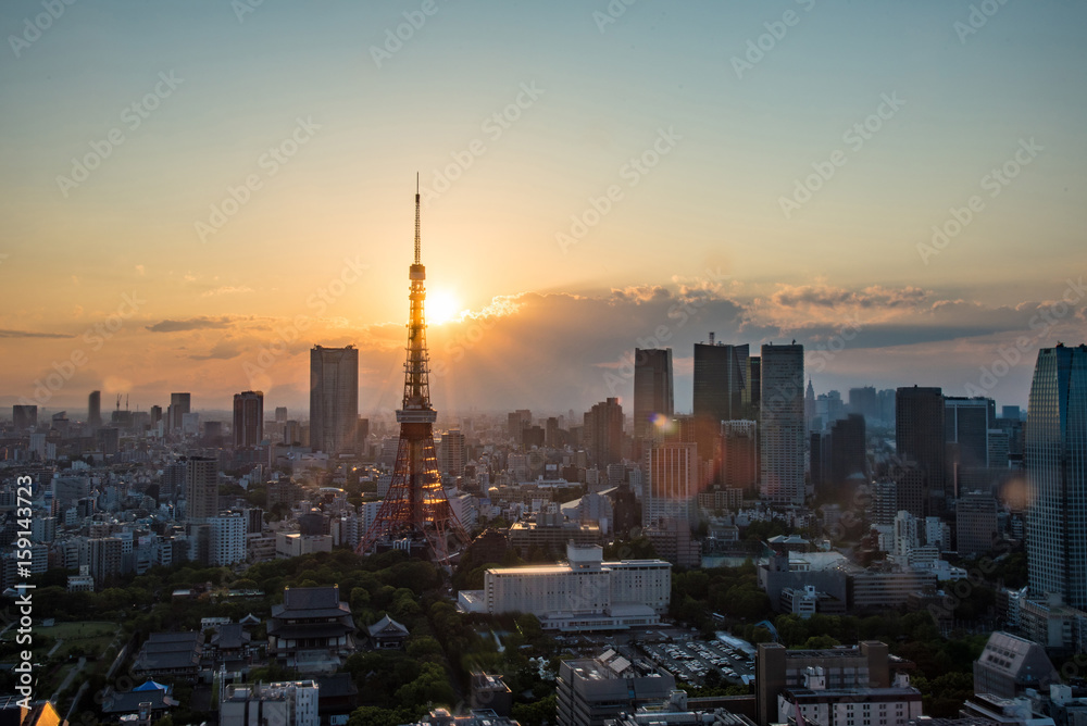 Fototapeta premium Widok na Tokyo Tower i centrum Tokio w zachodzącym słońcu