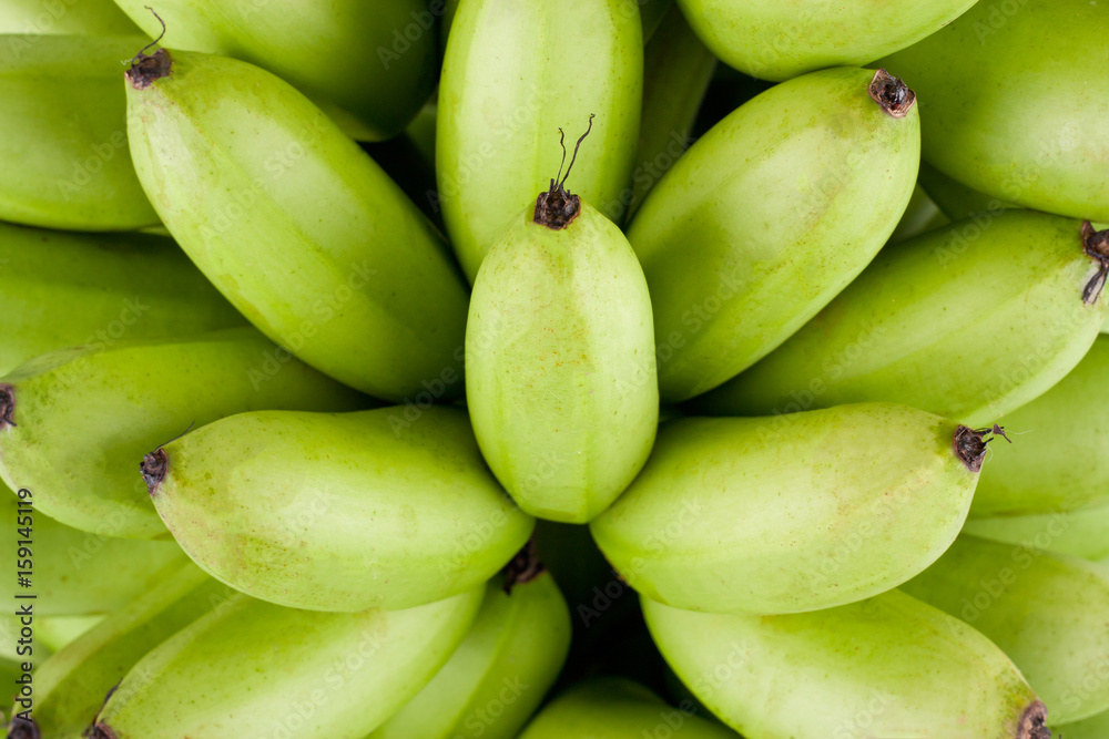 green  raw Golden bananas  on white background healthy Pisang Mas Banana fruit food isolated
