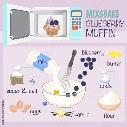 blueberry cupcake muffin ingredient. bread recipe. flour milk egg soda vanilla butter salt sugar. cook concept. vector illustration.