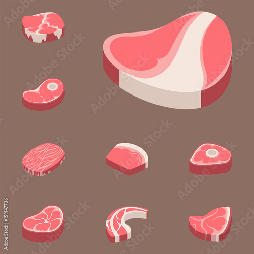 Beef steak raw meat food red fresh cut butcher uncooked chop barbecue bbq slice ingredient vector illustration