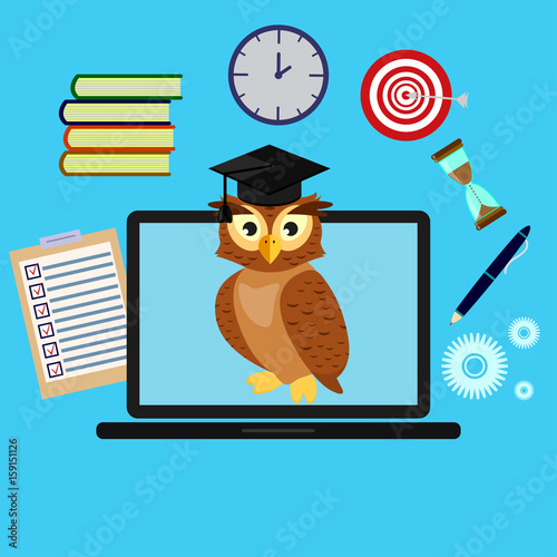 Education and learning icons graphic design with owl in graduate cap on the laptop screen. Concept of education, infographics with target, clock, hourglass, pen and exam tests.
