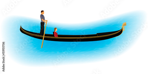 Venice romantic gondolier carries a woman in a gondola. Italian man profession for tourists.