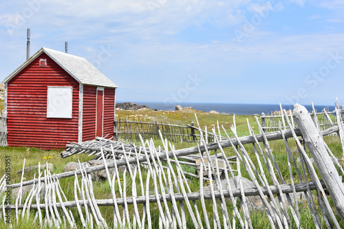 Red Shed with Vintage Wooden Fence in a Green Grassy Field by the Sea (Bonavista, Newfoundland, Canada)