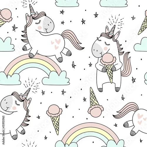Tapety Wektor wzór z słodkie jednorożce, chmury, tęcza i gwiazdy. Magiczne tło z małymi jednorożcami.