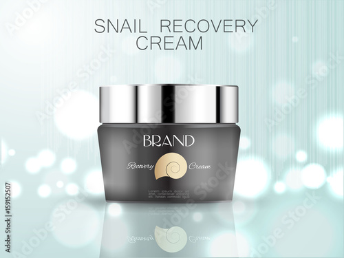 Premium 3d realistic cosmetic face cream with snail extract. Gold shell emblem on black bottle with silver cup on turquoise background. Vector illustration.