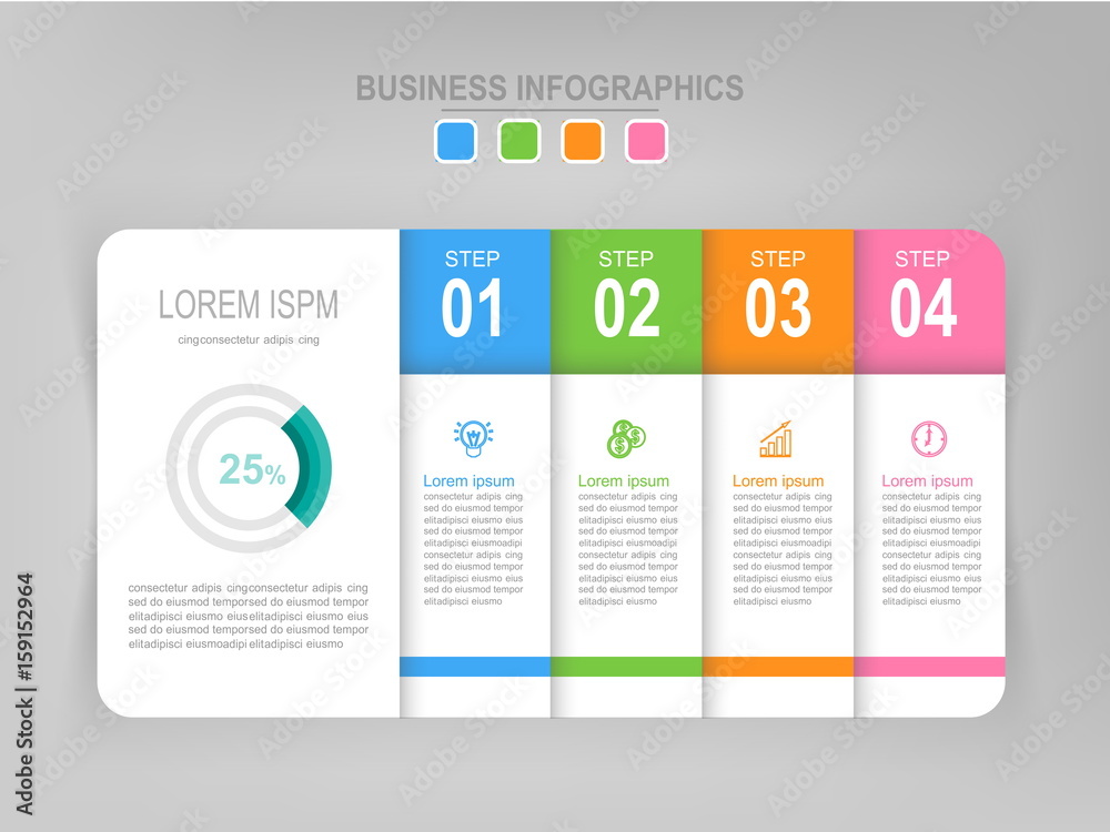 Infographic template of four steps on squares, tag banner, work sheet, flat design of business icon, vector