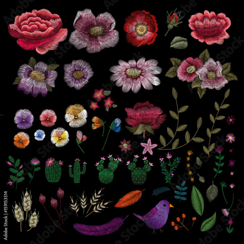 Traditional folk flower fashionable embroidery on the black background. Bouquet of dog rose for printing on clothes. vector