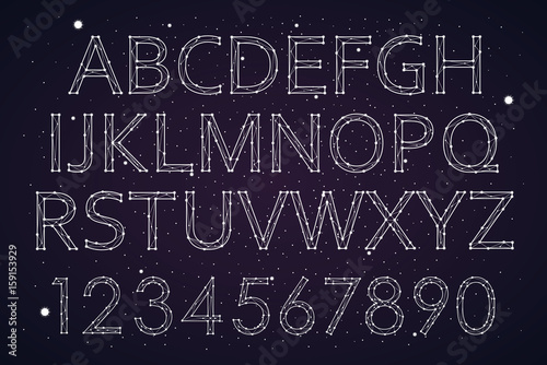Font constellation space star, design, fashionable. Letters alphabet and numbers. vector