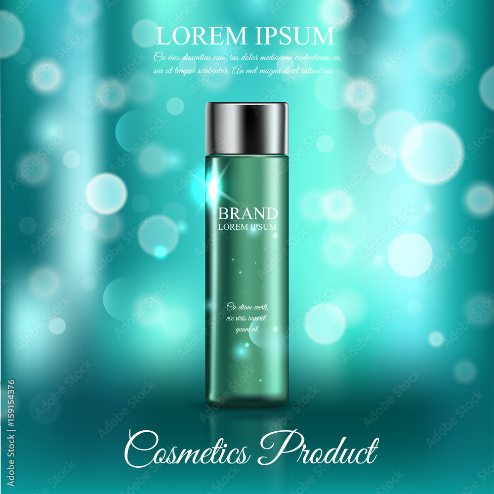 A beautiful template for cosmetic ads, a glass bottle hair oil on a blue shiny background