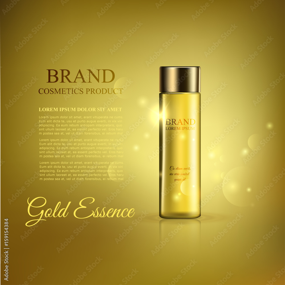 A beautiful template for cosmetic ads, a glass bottle hair oil on a golden  shiny background Stock Vector | Adobe Stock