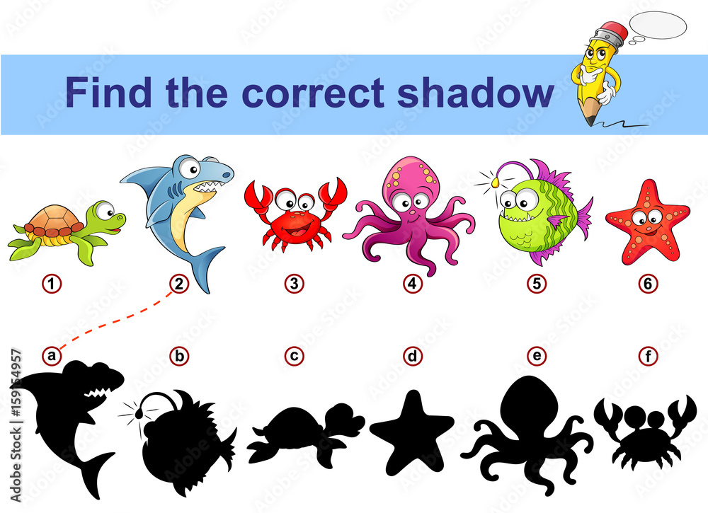 Obraz premium Find correct shadow. Kids educational game. Sea animals. Turtle, shark, crab, octopus, monkfish, starfish 