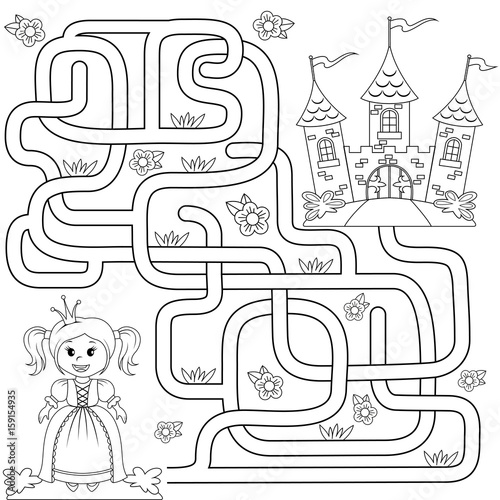 elp little cute princess find path to castle. Labyrinth. Maze game for kids. Black and white illustration for coloring book