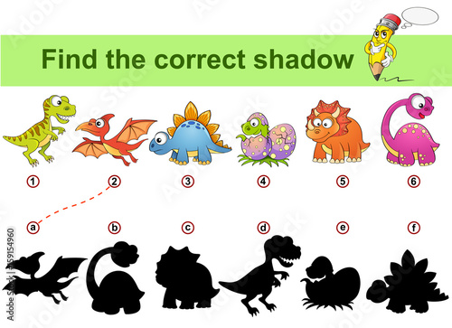 Find correct shadow. Kids educational game. Dinosaurs