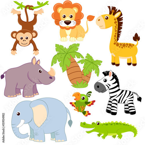 Jungle animals. Lion, elephant, giraffe, monkey, parrot, crocodile, zebra and rhinoceros
