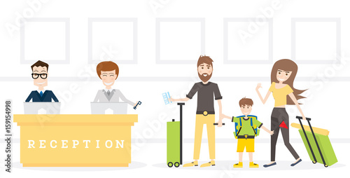 Family on Reception in Hotel Get Key from Room.