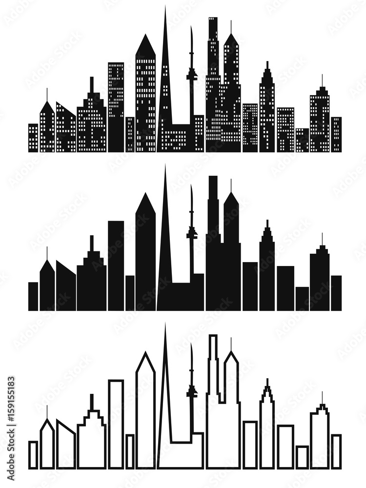 black cityscape icons set
