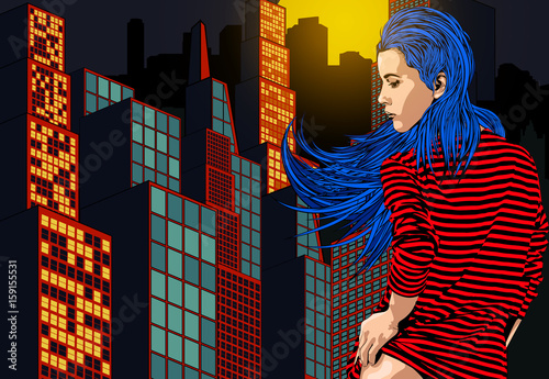 Woman near window with view on the night city. Long blue hair. Vector image.