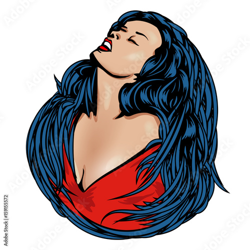 Sensual lady with long blue hair. Vector image.