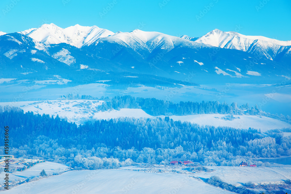 Beautiful mountain snowy landscape and beautiful valley.