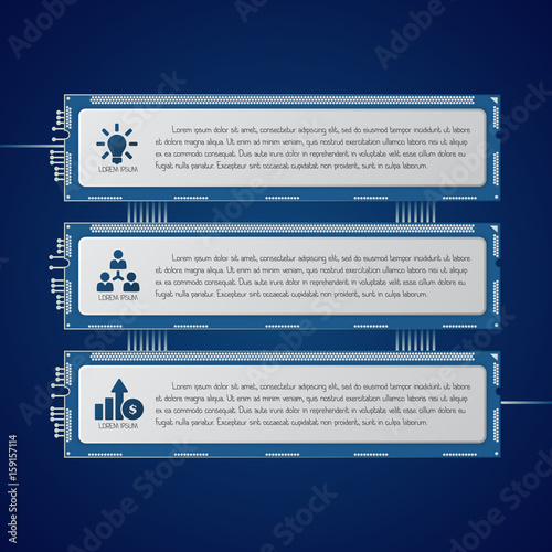 Microchip modern infographic template. Three processor options with icons and text. 3 steps of electronic micro scheme or circuit used for business, data, presentation, web, workflow