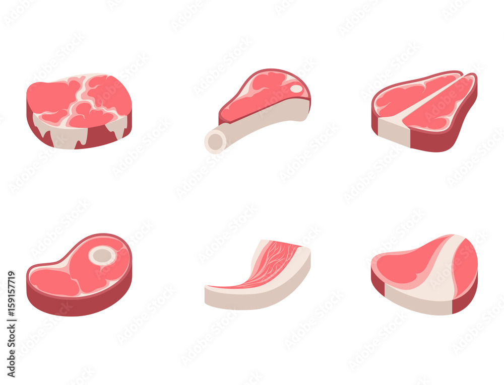 Beef steak raw meat food red fresh cut butcher uncooked chop barbecue bbq slice ingredient vector illustration