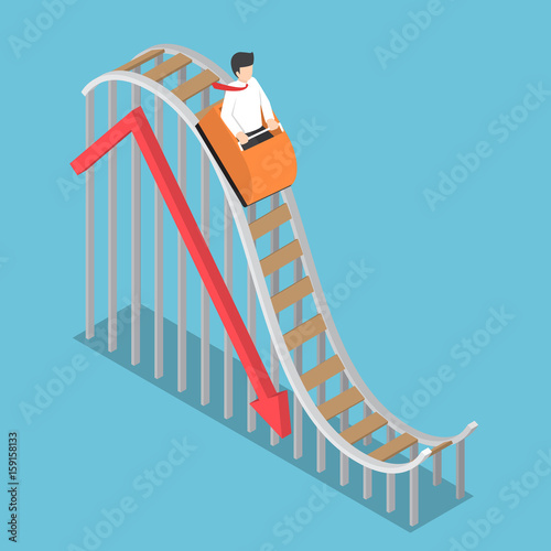 Businessman is Riding on a Roller Coaster with Falling Graph