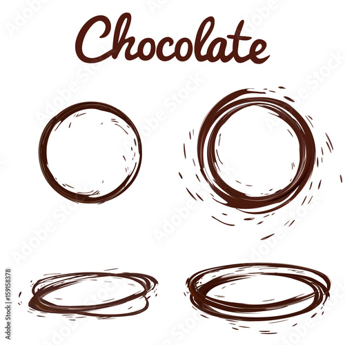 Chocolate splashes set. Brown hot coffee or chocolate round circle splashes with drops and bolts set isolated on white background, vector 3d illustration