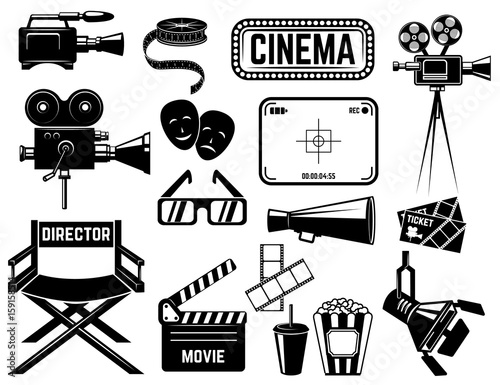 Set of cinema icons and design elements isolated on white background. Vector illustration